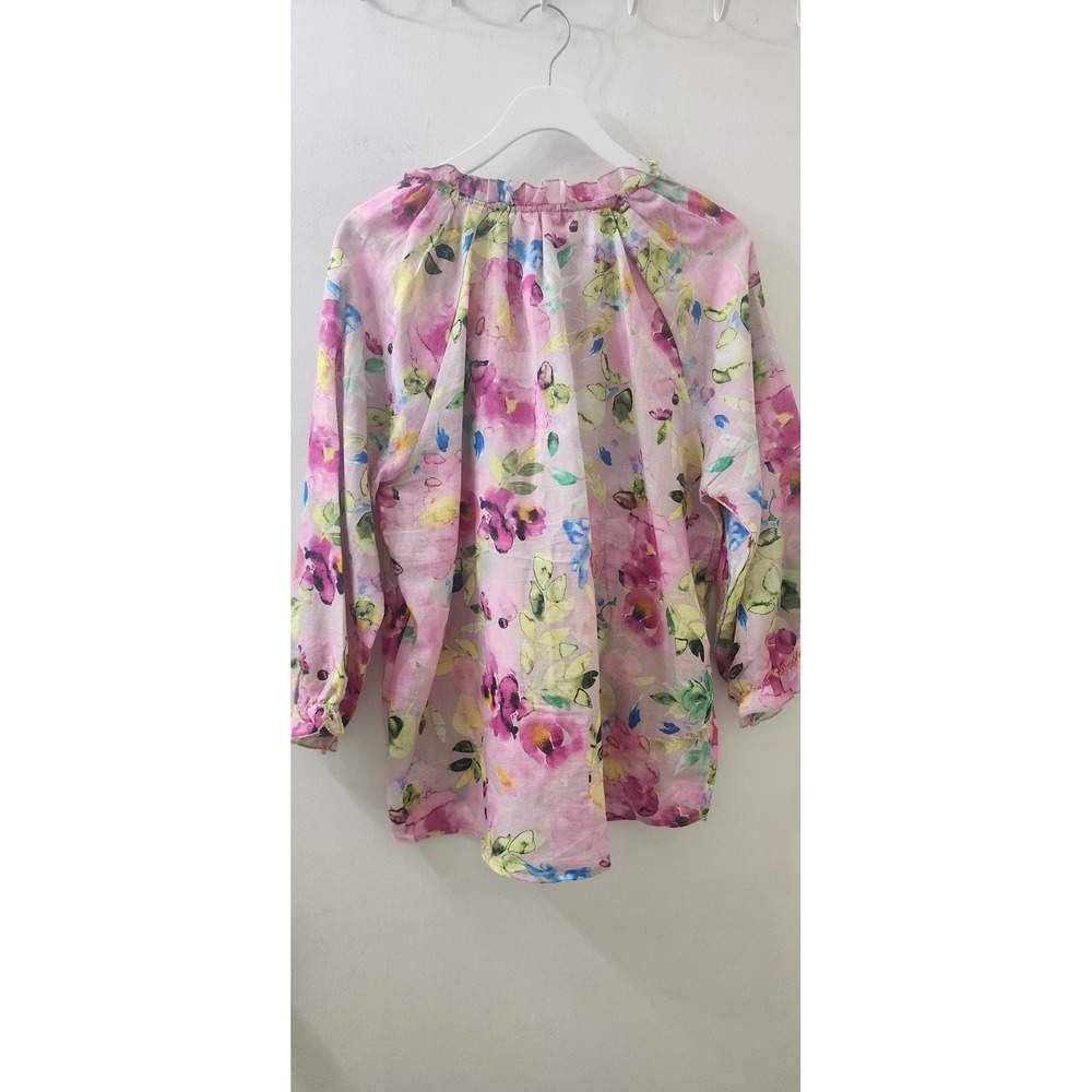 Hester & Orchard Linen Blend Floral Blouse Pink Ruffle V-Neck Top Large - Picture 7 of 8
